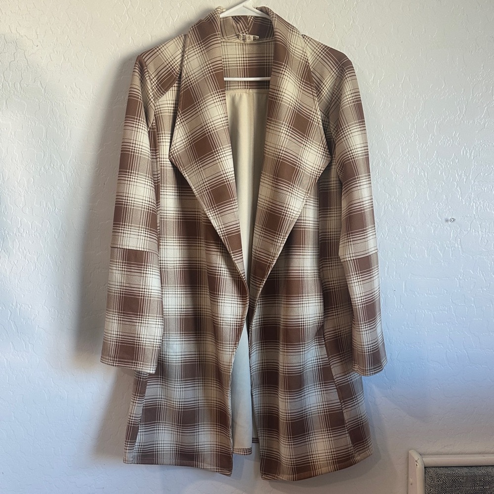 Checkered jacket Brown Cream pocketed medium collar plaid overcoat boho warm